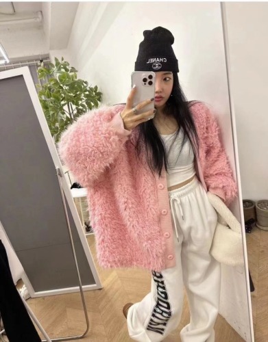 Korean chic lazy cardigan plush teddy bear thickened loose mid-length warm coat cotton coat