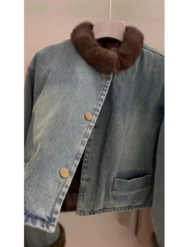 Hong Kong style retro thickened denim fur coat for women autumn and winter hot girl sweet and cool style loose short velvet jacket top