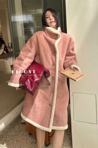 Hong Kong style reversible fashion brand retro mid-length coat for women loose lamb wool cotton coat fur one-piece warm coat