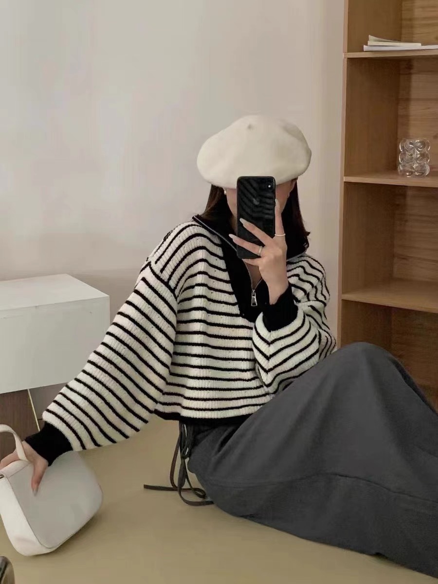 polo領撞色條紋毛衣女秋冬季半拉鏈寬鬆套頭打底衫內搭高級感上衣