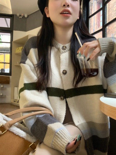 Contrast striped sweater for women autumn and winter  new retro Hong Kong style chic lazy style top knitted cardigan jacket