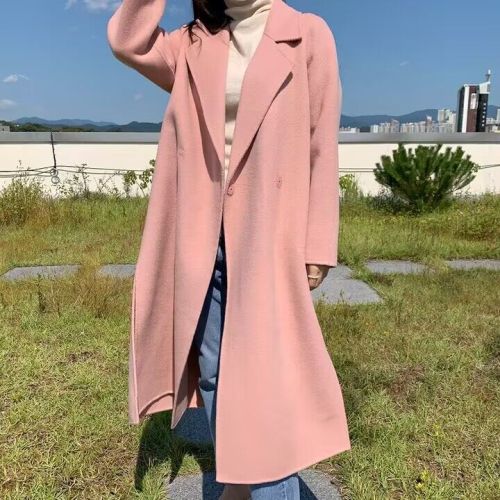 chic double-sided woolen woolen coat with gentle temperament, waisted mid-length, loose and slim, knee-length woolen coat