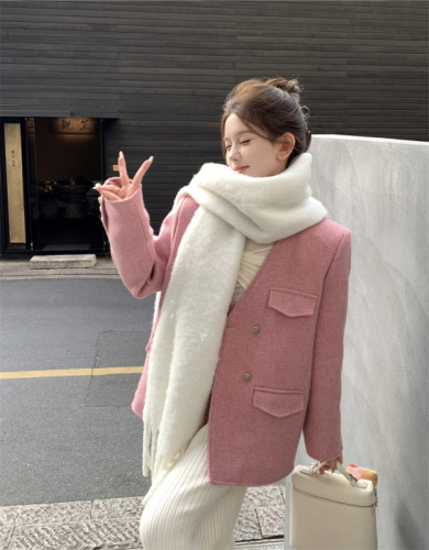 Actual shot French double-breasted small fragrant style down jacket V-neck woolen loose mid-length coat