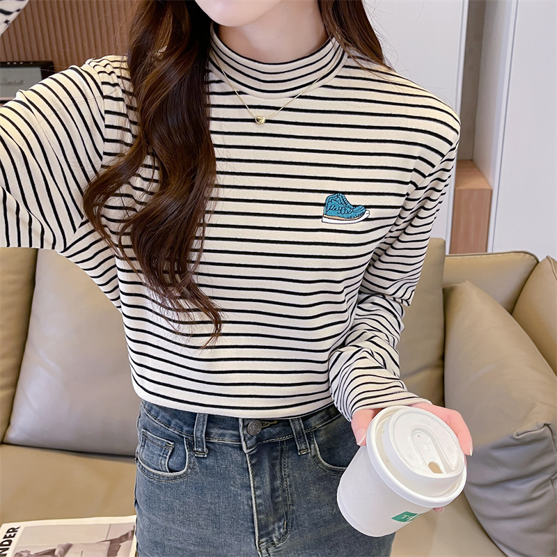 實拍280克條紋德絨加厚次序半高領打底衫T恤女