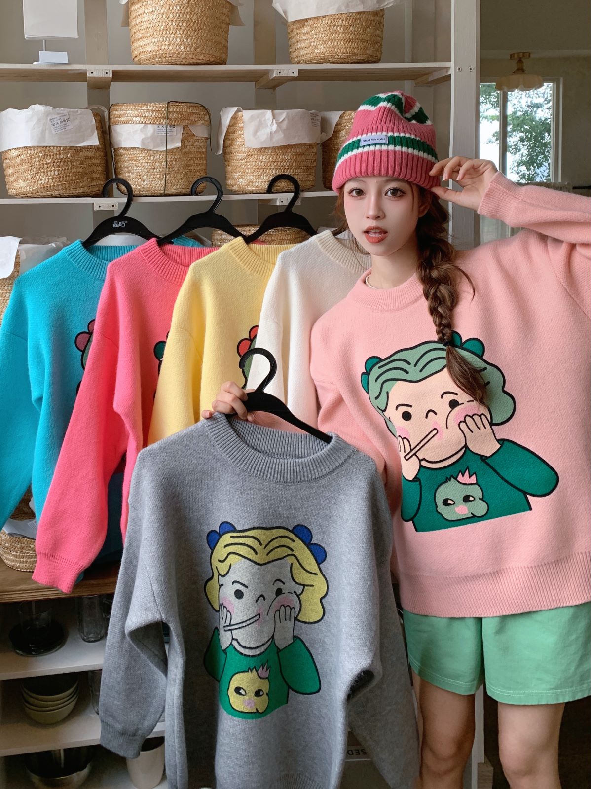 奶fufu的粉色圓領大毛衣女秋冬2023新款寬鬆外穿慵懶風韓系學生款