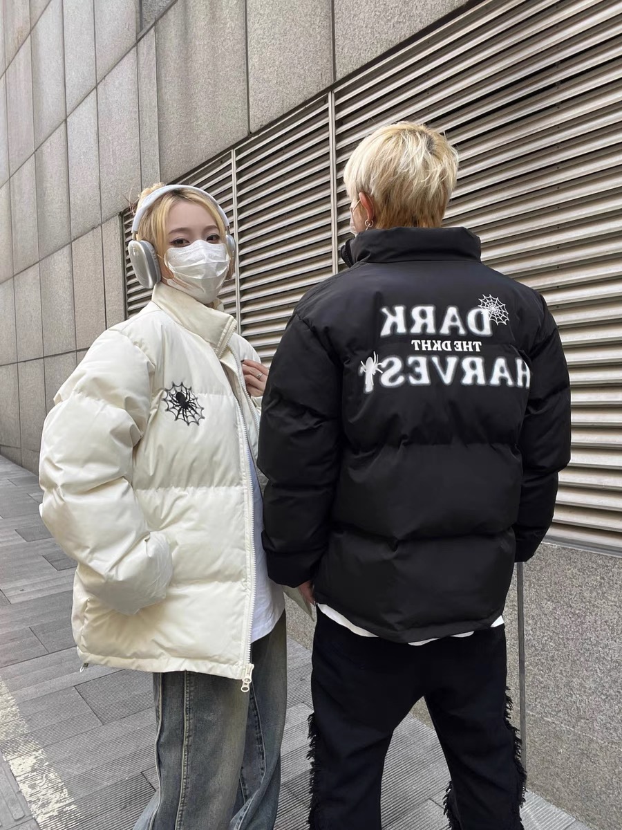 Black Chicken SSS Winter American Stand Collar Letter Printed Cotton Jacket for Men and Women Loose Thick Warm Bread Jacket