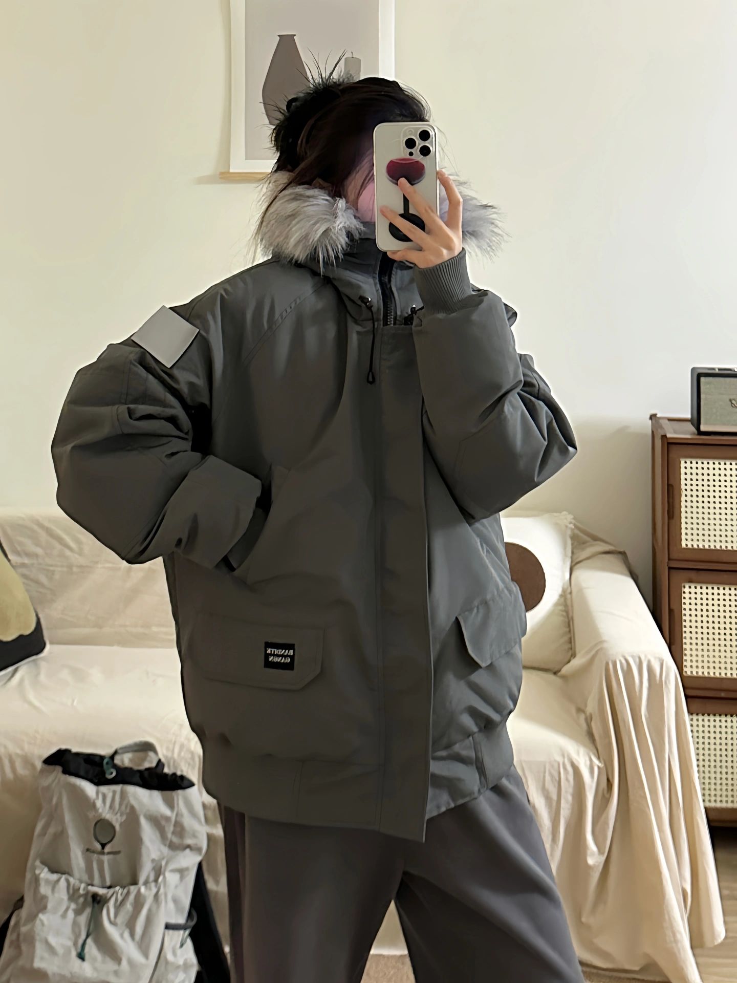 BANDITKGANGN American retro gray parka fur collar cotton coat winter thickened warm cotton coat for women
