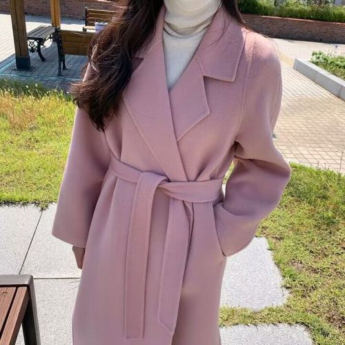 chic double-sided woolen woolen coat with gentle temperament, waisted mid-length, loose and slim, knee-length woolen coat