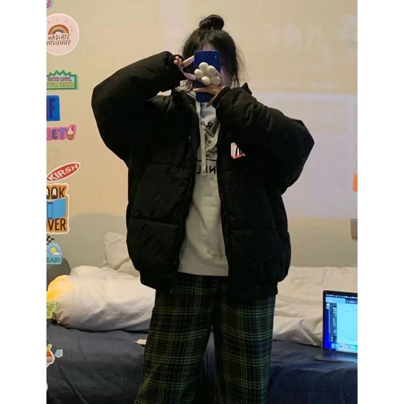 American retro black down cotton coat women winter oversize2023 student style couple cotton coat