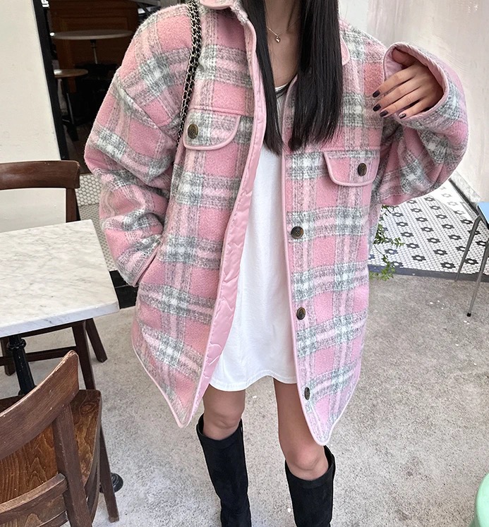 Korean 2023 winter women's clothing temperament retro lapel plaid loose warm cotton jacket