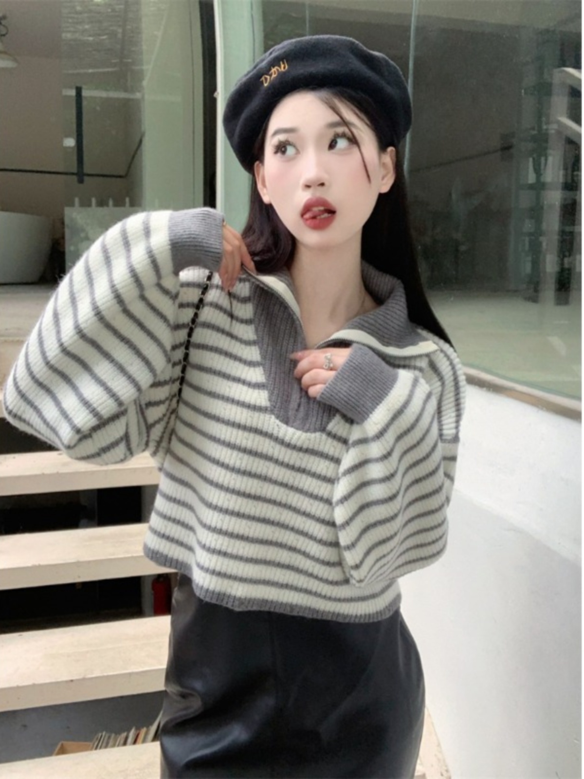 撞色條紋翻領針織衫女秋冬慵懶寬鬆毛衣別致半拉鏈Polo領羊絨上衣