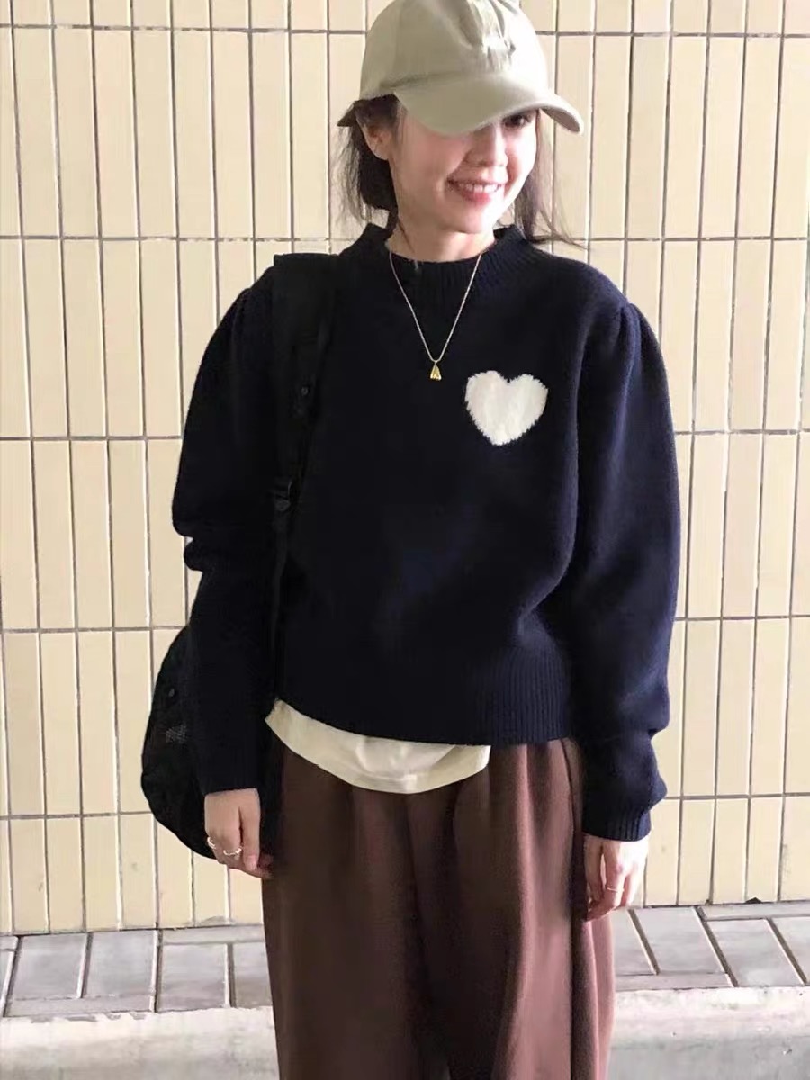 優質 韓國愛心軟糯圓領針織衫秋冬慵懶寬鬆休閒百搭長袖毛衣