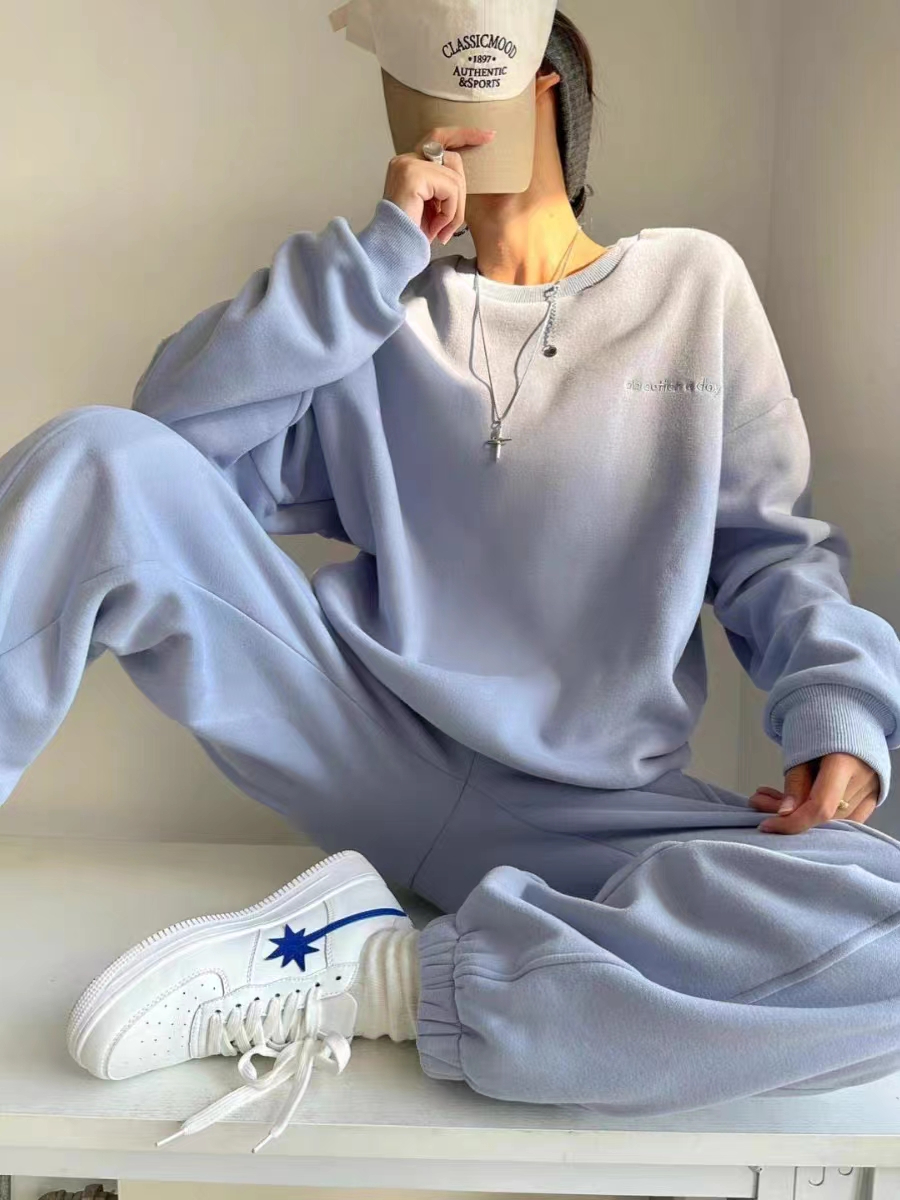 新款運動服套裝女OOTD秋冬季加絨學院風可愛甜酷衛衣長褲兩件套