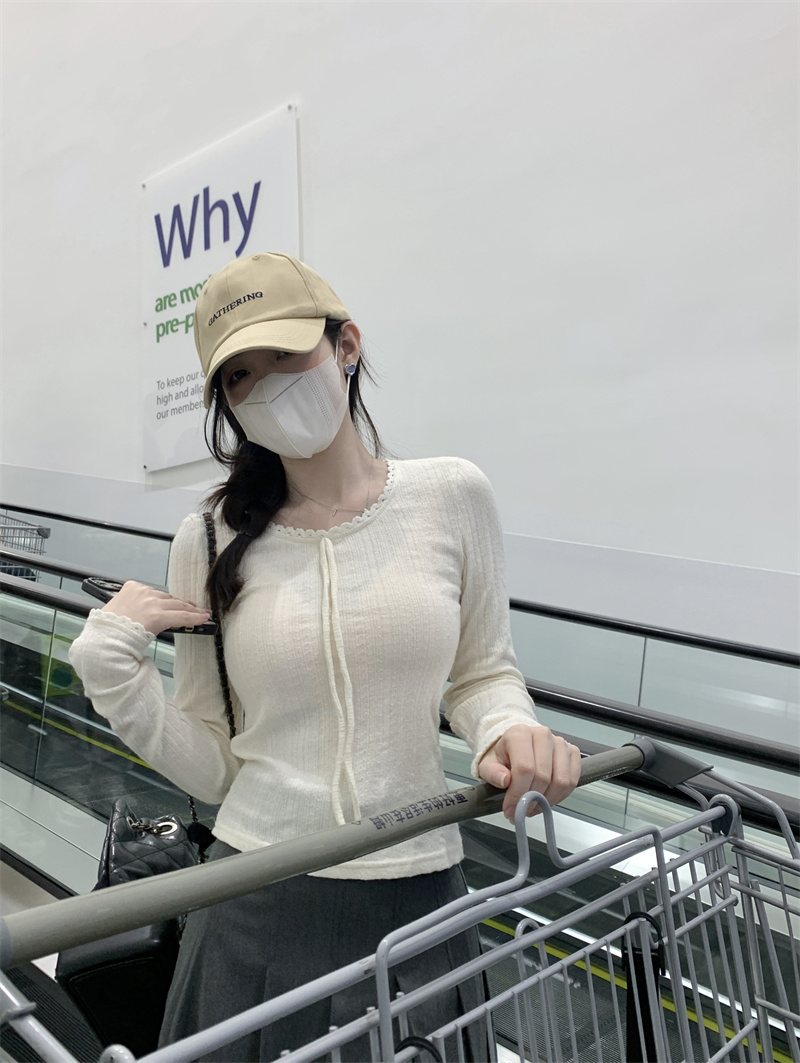 實拍~韓系學院風設計感花邊領織帶長袖T恤減齡百搭打底衫