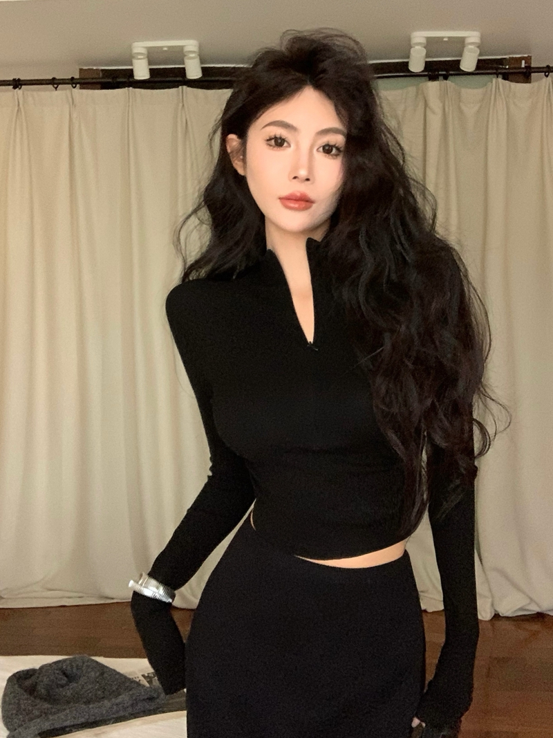 實拍秋冬辣妹風緊身短款半高領拉鏈上衣女百搭修身內搭T恤