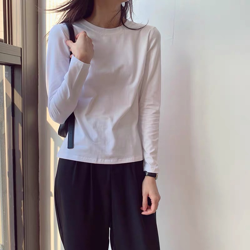 圓領打底衫女春秋冬白色緊身純棉加厚磨毛t恤女疊穿長袖百搭上衣