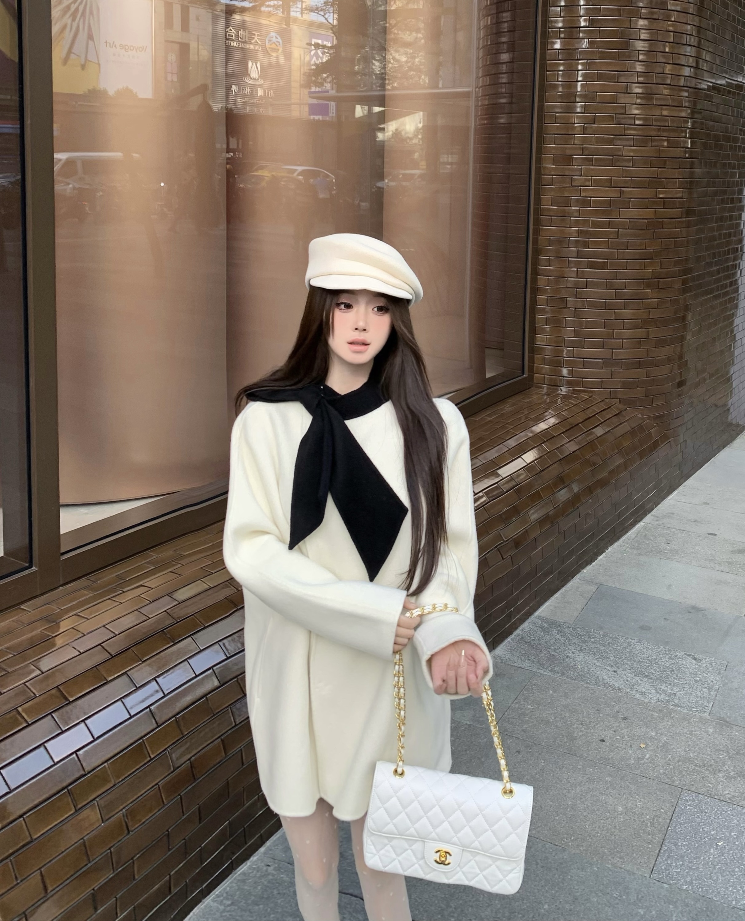 Hepburn girl French chic bow tie contrasting wool coat winter design original top