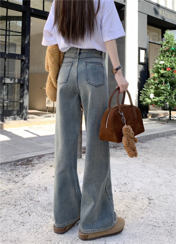 Photographed~ Vintage High-Waisted Loose Straight Leg Pants with Drape, Fleece Lining and Thickening, Light Blue Denim Women's Long Pants