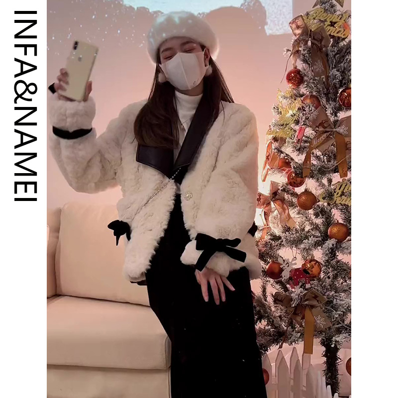 Small fragrant style lapel contrast color lace-up bow short coat for women 2023 winter new style gentle top