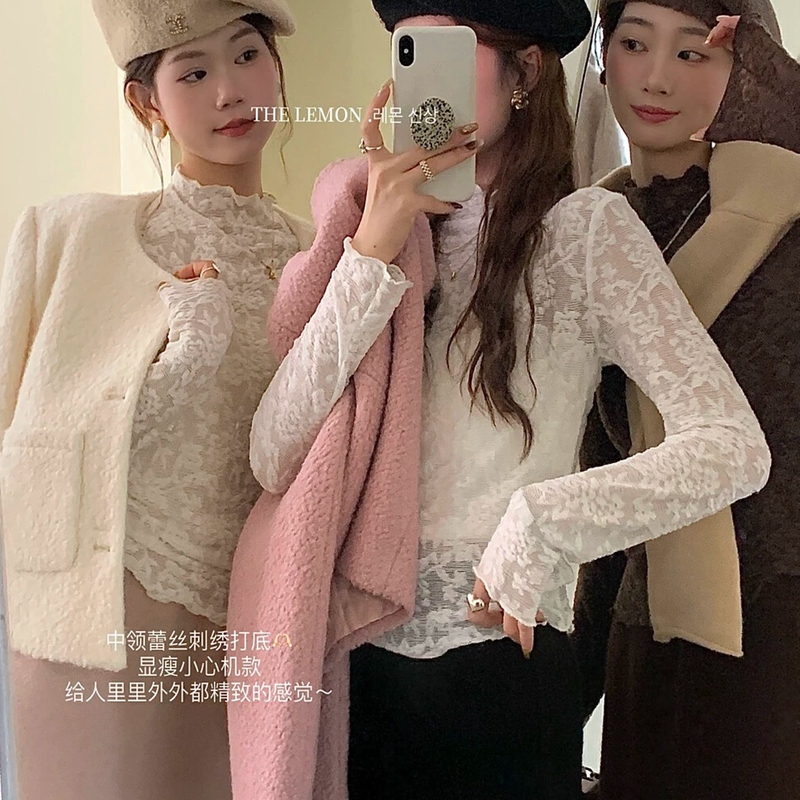 溫柔甜美風半高領蕾絲木耳邊打底衫秋冬內搭重工刺繡精緻上衣女