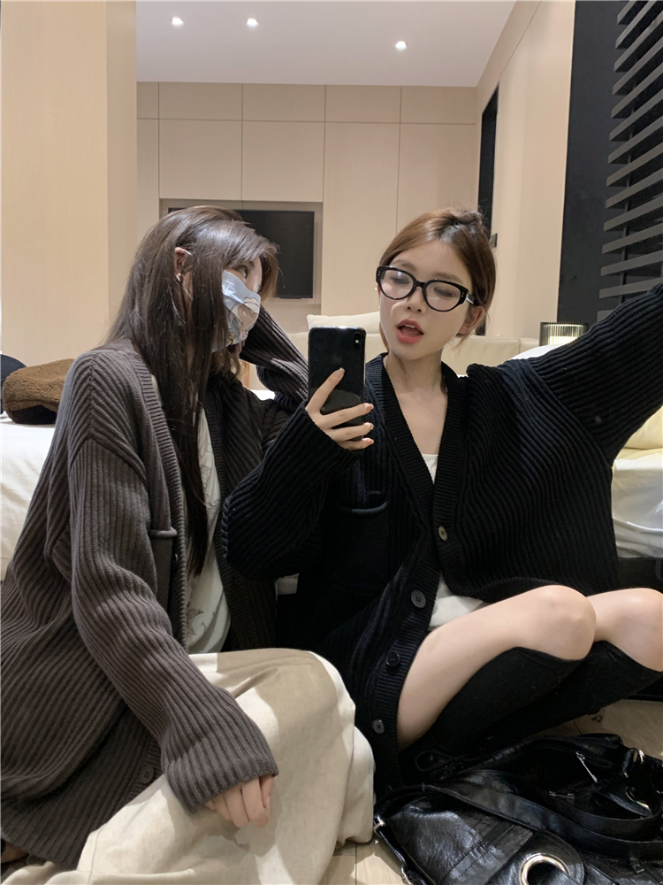 實拍~美拉德慵懶毛衣外套女寬鬆針織開衫+西裝半身裙套裝