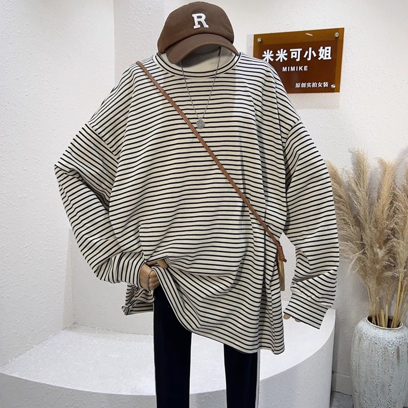 珠地棉  秋裝新款大碼女士條紋t恤胖mm設計感百搭打底衫長袖內搭
