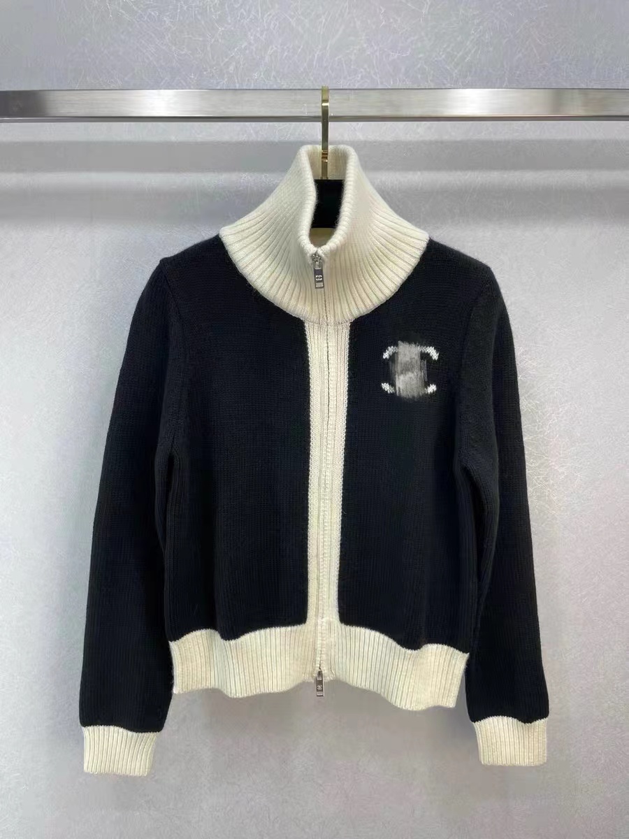 秋冬新款黑白撞色雙C刺繡雙拉鏈針織立領羊毛衫