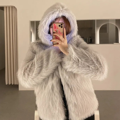 2023 autumn and winter Korean new fur coat hooded loose thickened coat 6933