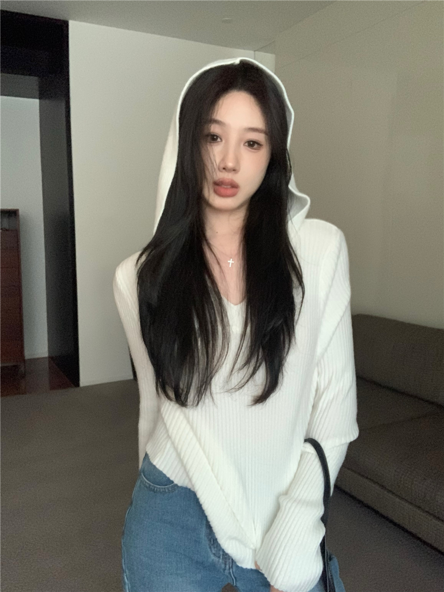 實拍  溫暖慵懶風毛衣女短款打底連帽毛織上衣