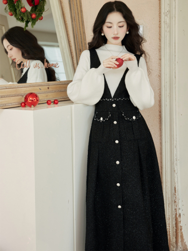 Xiaoxiangfeng single-breasted suspender skirt long skirt slim black autumn and winter new dress women's suit
