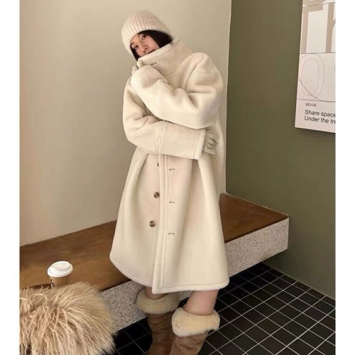 Hong Kong style reversible fashion brand retro mid-length coat for women loose lamb wool cotton coat fur one-piece warm coat