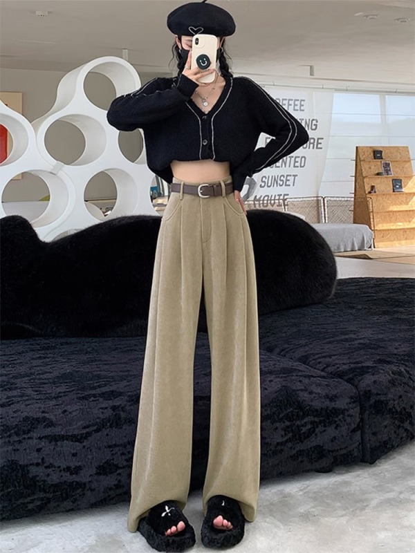 拉夏貝爾雪尼爾闊腿褲女2023新款秋冬季黑色休閒窄版直筒加絨褲子