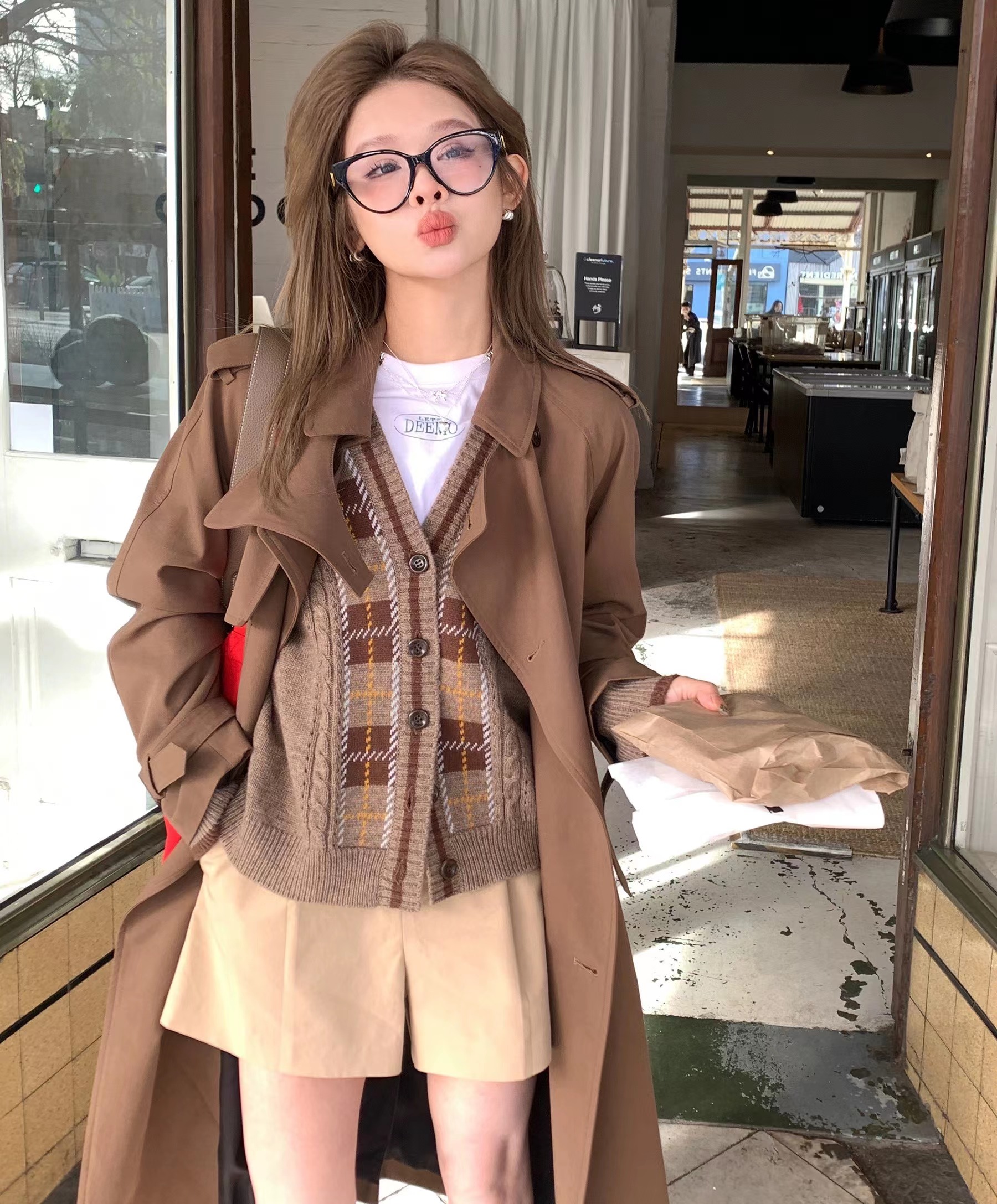 秋冬新款韓版高級感復古撞色V領針織開衫外套女寬鬆內搭毛衣女
