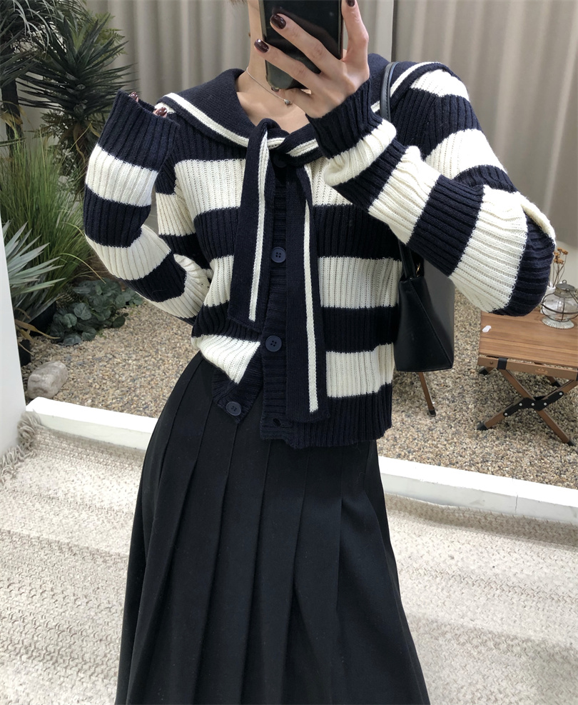 品質 秋冬韓版設計感條紋長袖系帶針織衫女海軍領顯瘦上衣