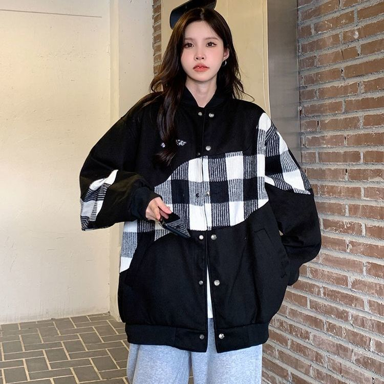 American retro jacket baseball uniform for women early autumn plaid splicing design niche loose and versatile cardigan jacket
