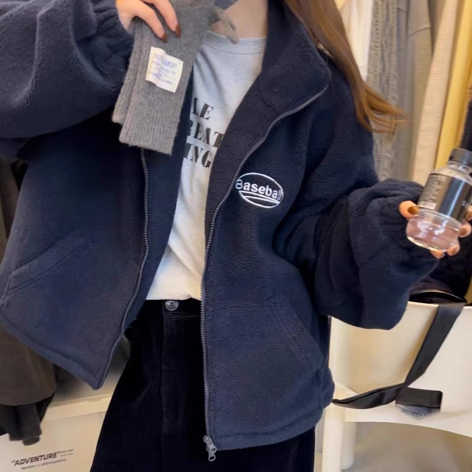Korean new 2023 autumn and winter new loose embroidered letter sherpa jacket zipper versatile tops for men and women