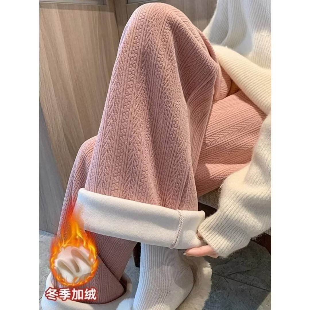 粉色雪尼爾闊腿褲女秋冬韓版高腰垂感休閒加絨麥穗紋針織褲