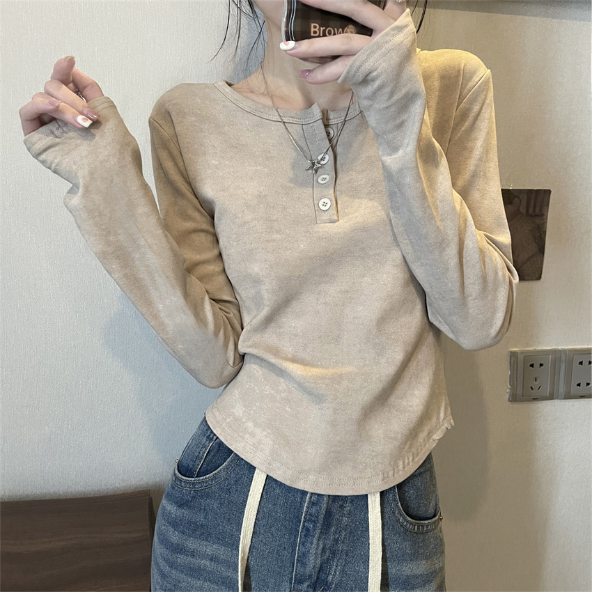 實拍半紐扣圓領暈染長袖t恤女加絨加厚磨毛chic內搭上衣