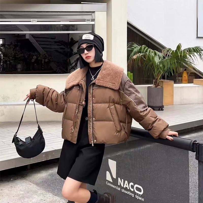 This year's popular lamb velvet PU leather stitching white duck down women's short thickened down jacket large lapel loose warm jacket