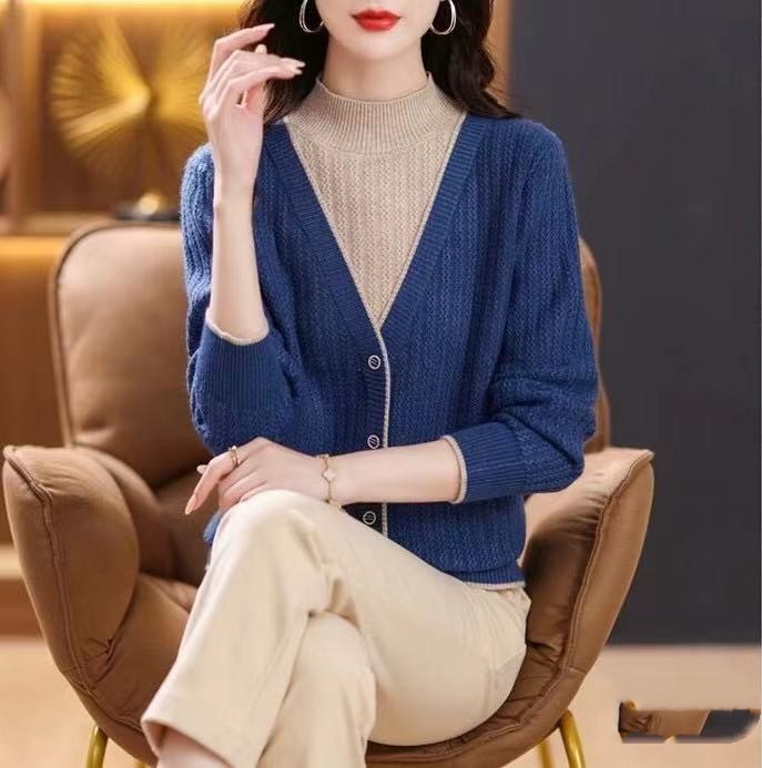 假兩件上衣女2023年秋冬新款半高領毛衣外穿春秋裝短款打底羊絨衫