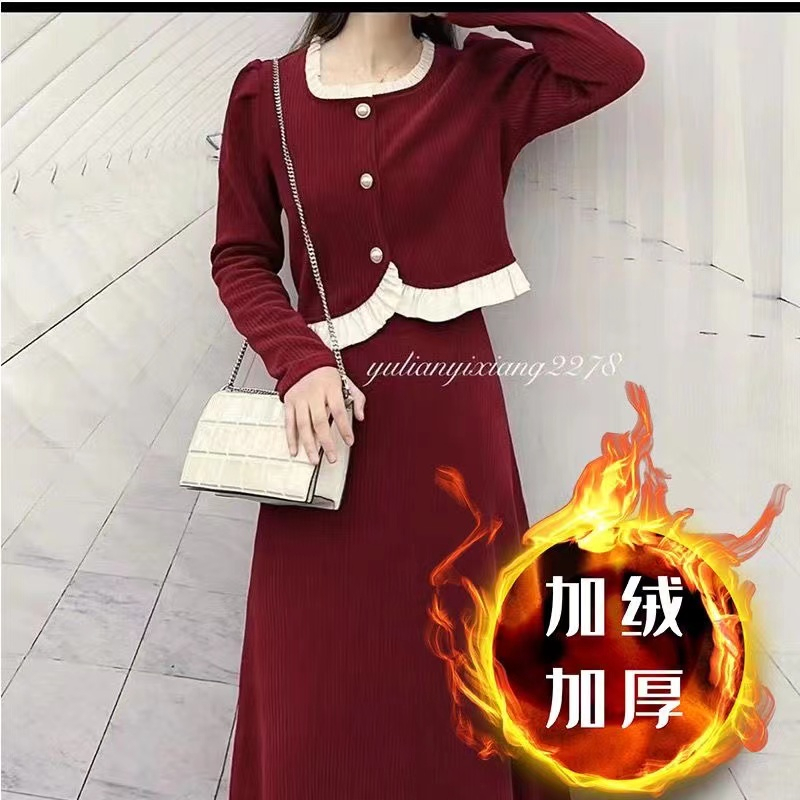 2023秋冬新款法式顯瘦燈芯絨拼接蕾絲上衣半身長裙兩件套裝女歐貨