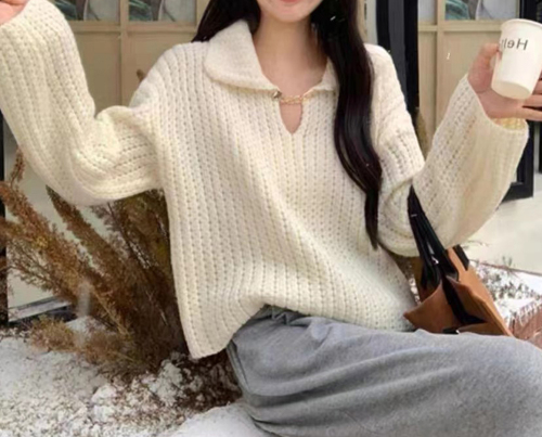 Autumn and winter Korean style sweet style lapel chain decorated knitted long-sleeved top for women spring and autumn knitted sweater inner layer