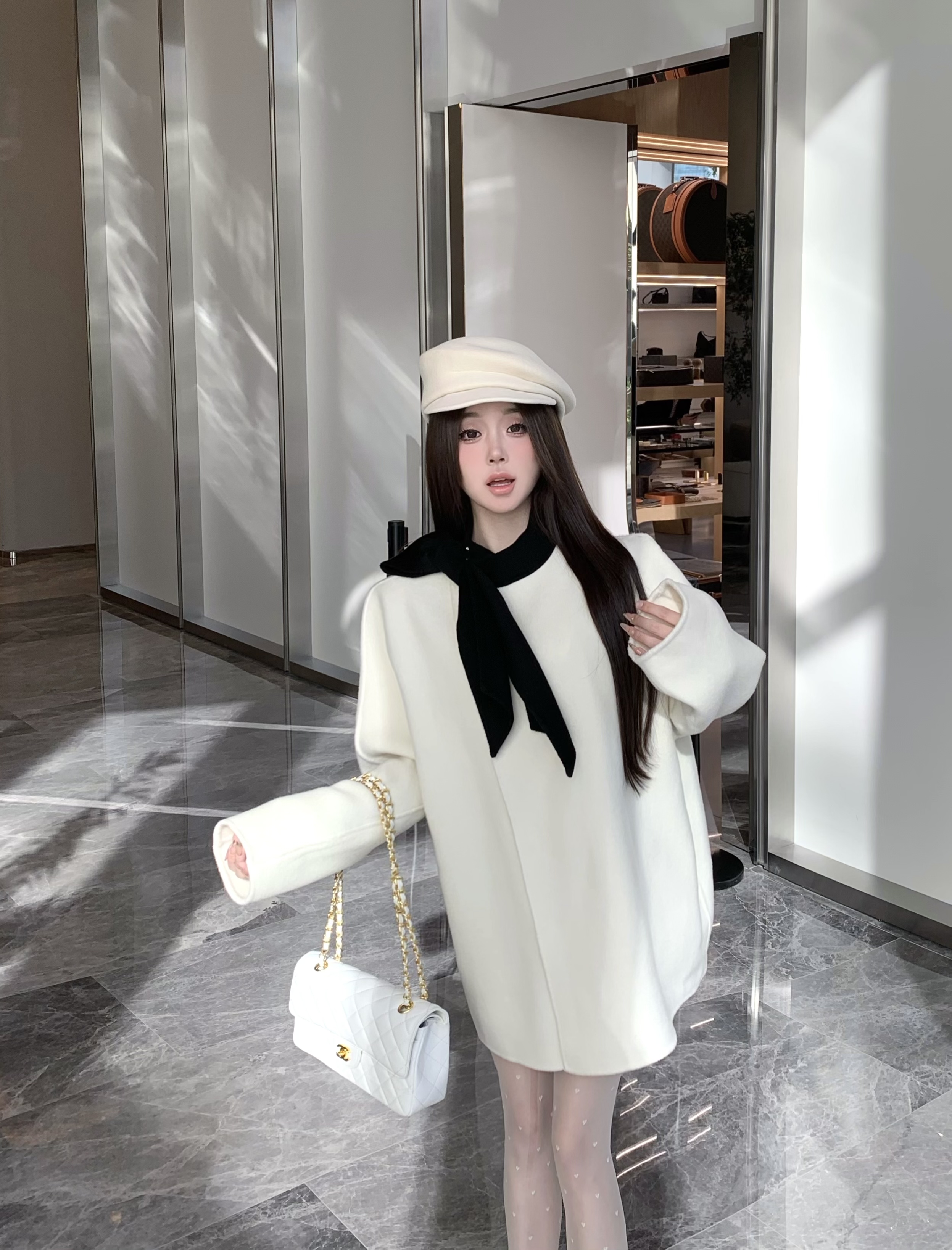 Hepburn girl French chic bow tie contrasting wool coat winter design original top