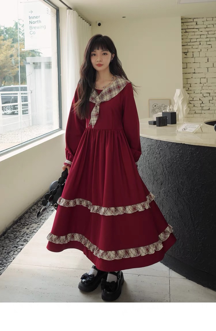 酒紅色新年過年連衣裙日系甜美少女秋冬減齡古着感大擺裙