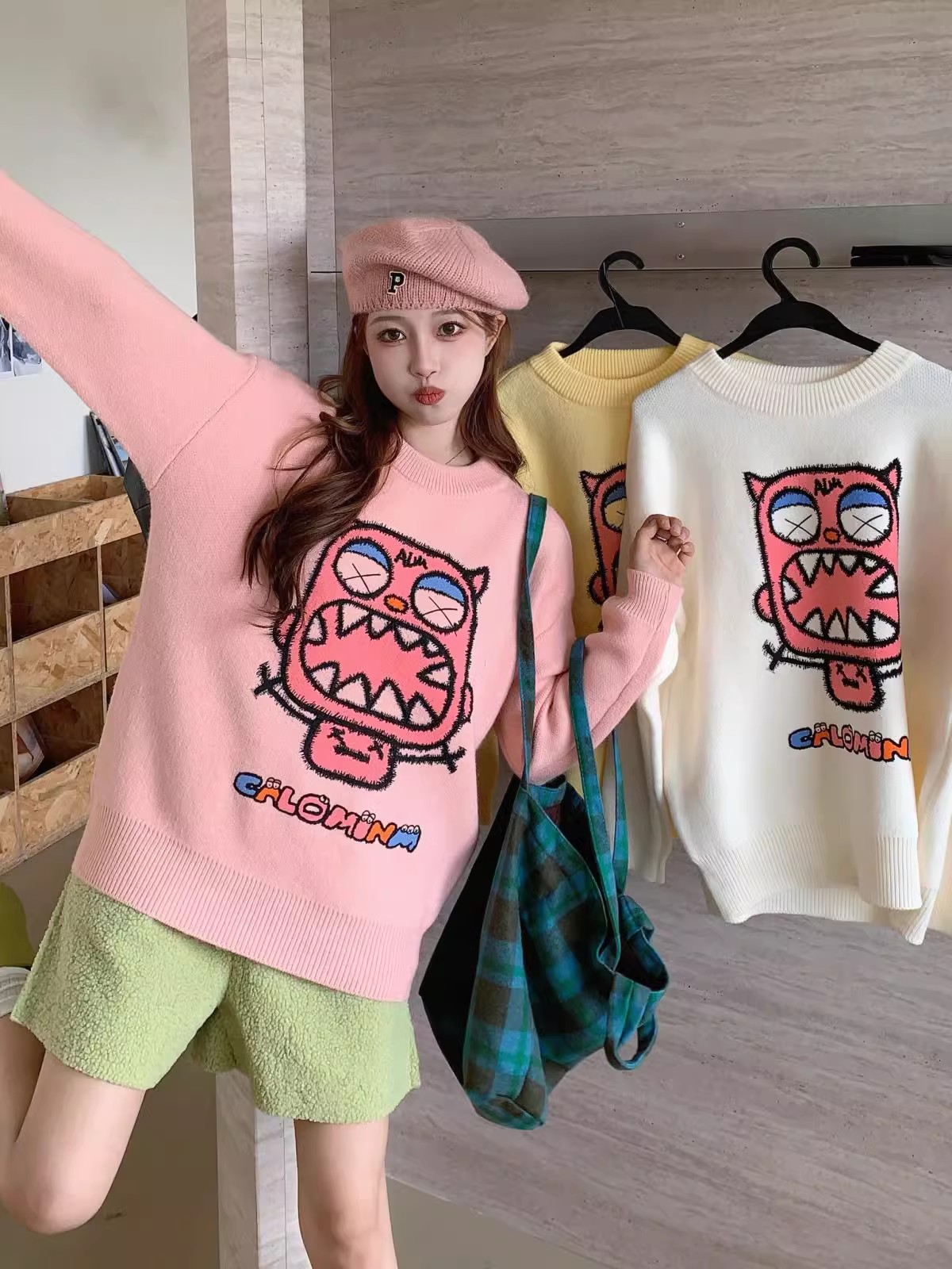 趣味卡通大嘴怪印花針織衫女秋冬新款奶fufu慵懶風高級感圓領上衣