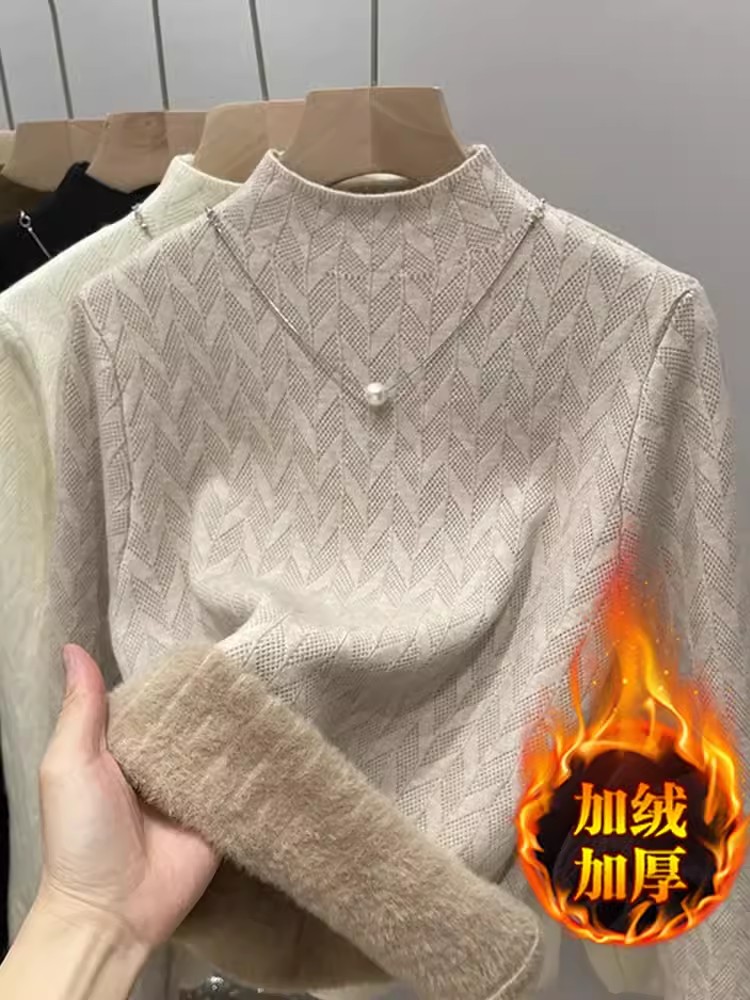 半高領加絨加厚女士毛衣打底衫上衣2023秋冬裝新款羊毛針織衫內搭