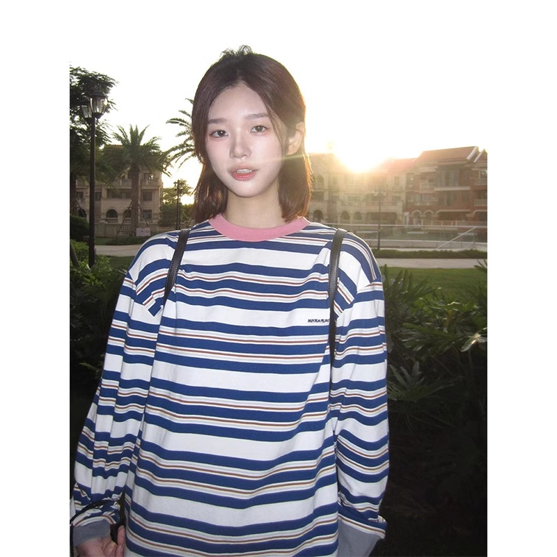 260克牛奶絲修身顯瘦條紋內搭長袖t恤女秋季洋氣減齡撞色打底衫