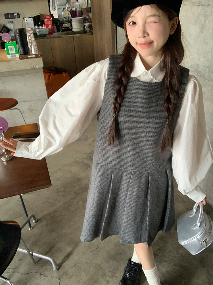 實拍 秋冬韓chic簡約灰色格子呢子背心裙+襯衫