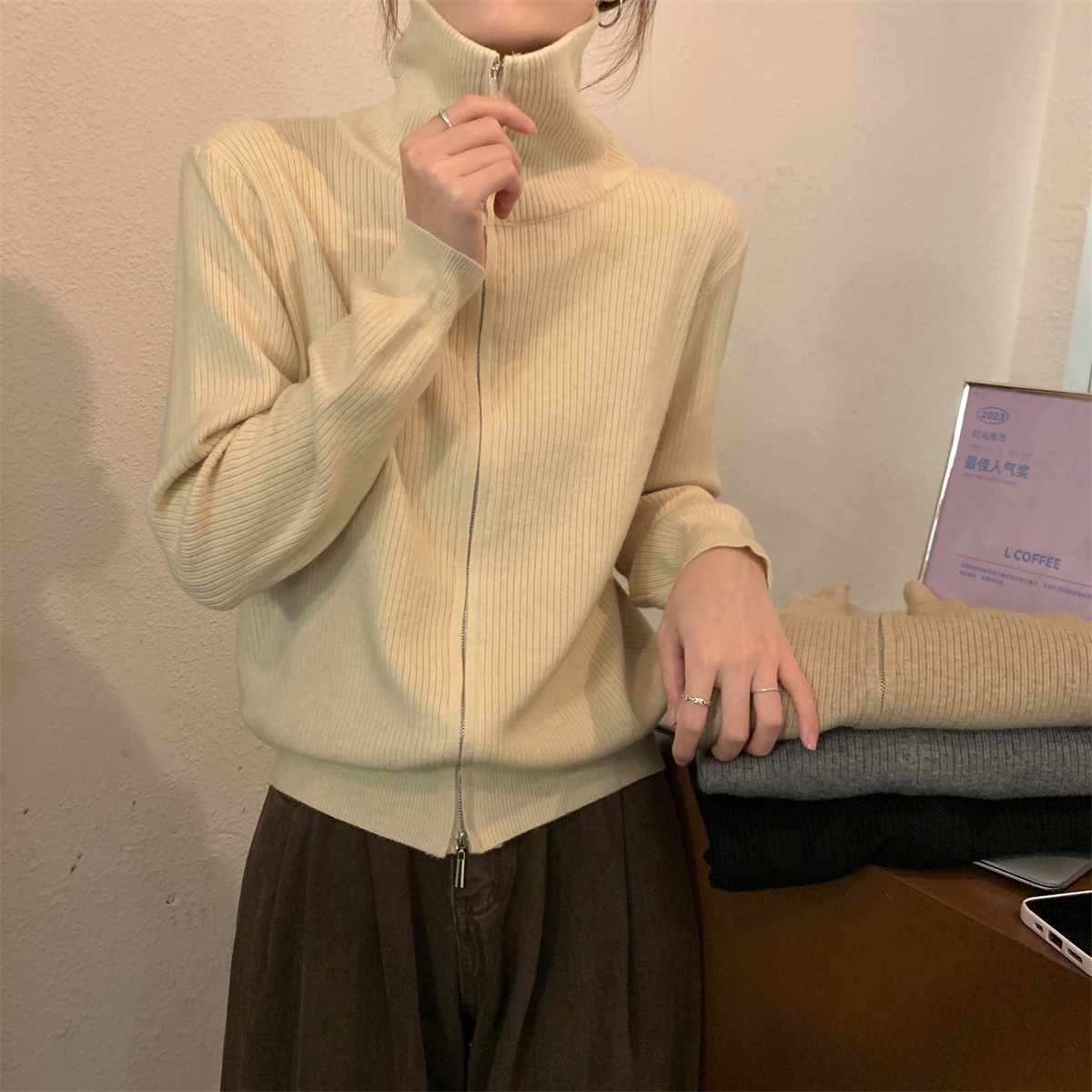 實拍 秋冬韓版寬鬆氣質高領安迪絨加厚針織毛衣雙拉鏈外套女