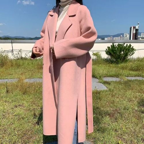 chic double-sided woolen woolen coat with gentle temperament, waisted mid-length, loose and slim, knee-length woolen coat